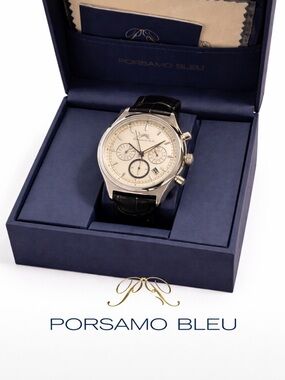Porsamo Bleu Cream Dial Chronograph with Black Leather Strap